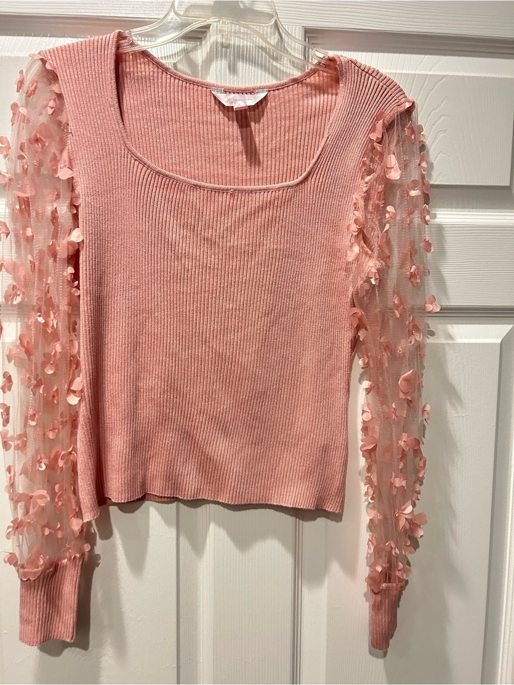 No Boundaries Pink Ribbed Top Sheer Floral Petal Sleeves Romantic Cottagecore - Picture 2 of 7